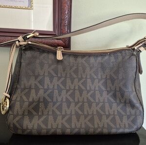 Michael Kors Brown/Tan MK Logo Shoulder Bag with Gold Hardware